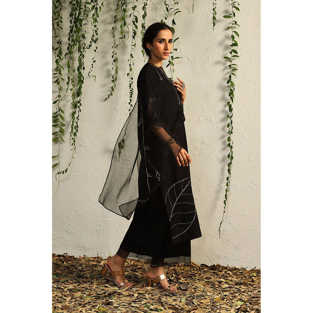 Charkhee Black Chanderi Straight Kurta with Pants and Dupatta (Set of 3)