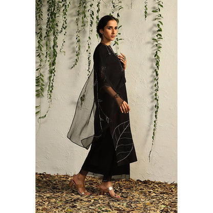 Charkhee Black Chanderi Straight Kurta with Pants and Dupatta (Set of 3)