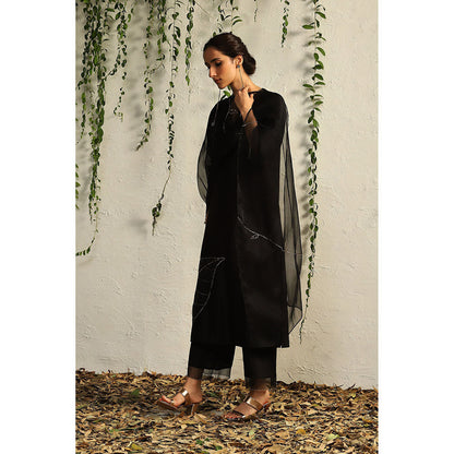 Charkhee Black Chanderi Straight Kurta with Pants and Dupatta (Set of 3)