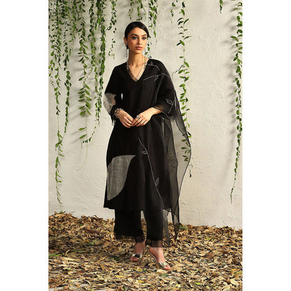 Charkhee Black and White Chanderi Straight Kurta with Pants and Dupatta (Set of 3)