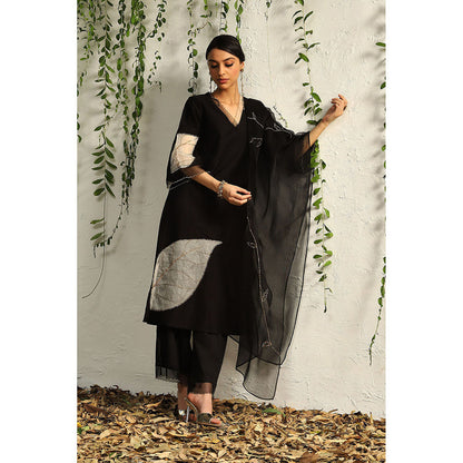 Charkhee Black and White Chanderi Straight Kurta with Pants and Dupatta (Set of 3)