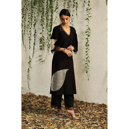 Charkhee Black and White Chanderi Straight Kurta with Pants and Dupatta (Set of 3)