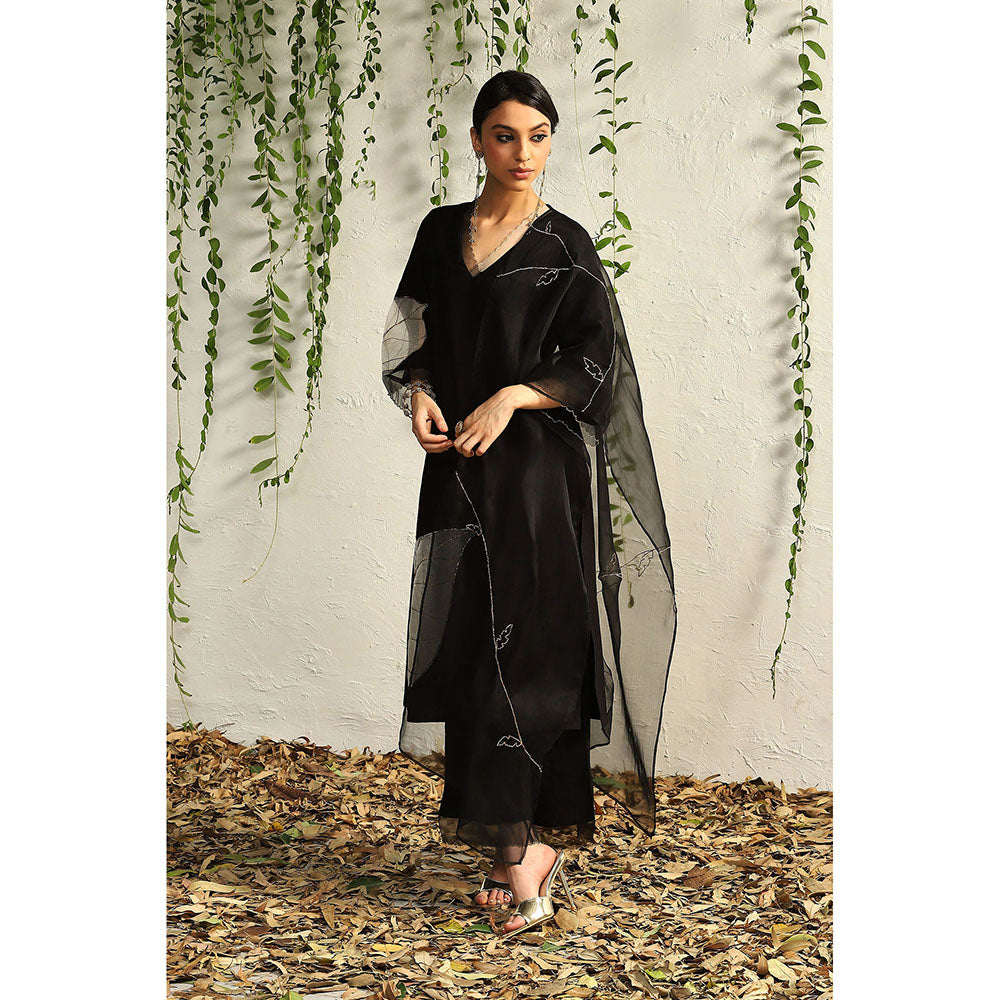 Charkhee Black and White Chanderi Straight Kurta with Pants and Dupatta (Set of 3)