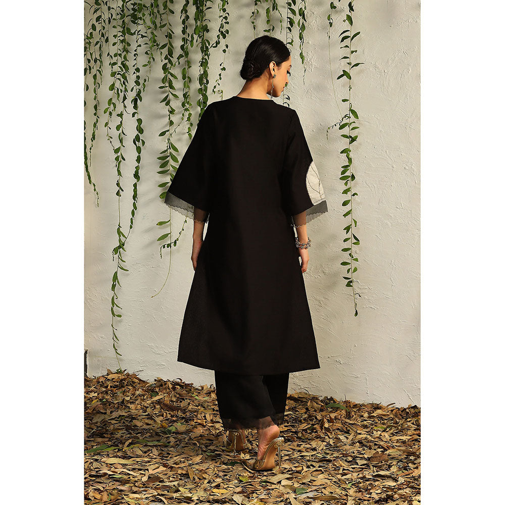 Charkhee Black and White Chanderi Straight Kurta with Pants and Dupatta (Set of 3)