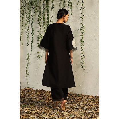Charkhee Black and White Chanderi Straight Kurta with Pants and Dupatta (Set of 3)