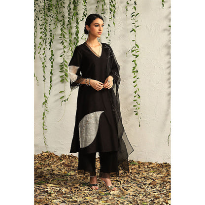 Charkhee Black and White Chanderi Straight Kurta with Pants and Dupatta (Set of 3)