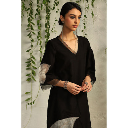 Charkhee Black and White Chanderi Straight Kurta with Pants and Dupatta (Set of 3)