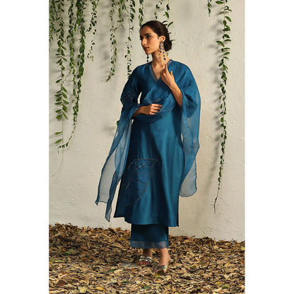 Charkhee Teal Chanderi Straight Kurta with Pants and Dupatta (Set of 3)