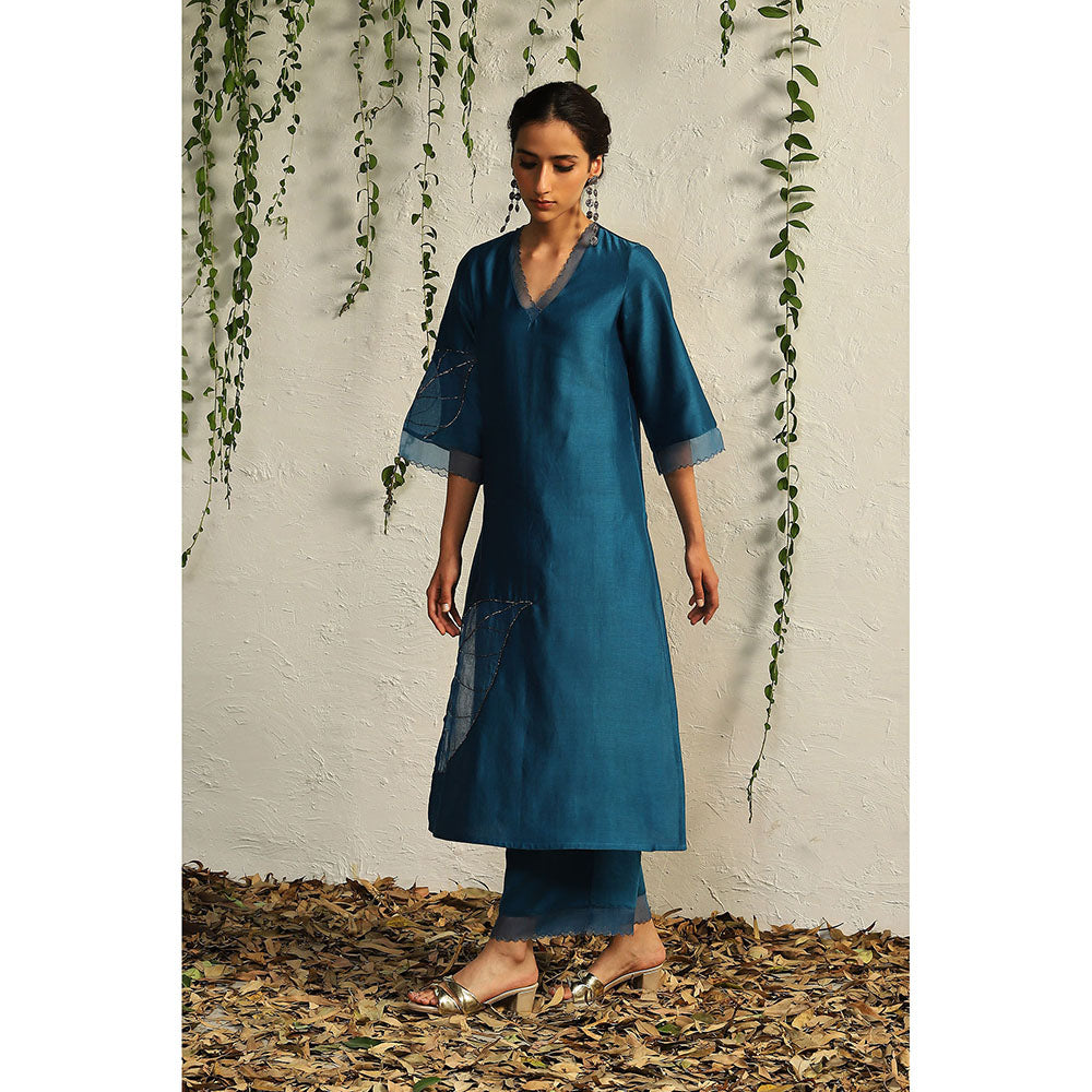 Charkhee Teal Chanderi Straight Kurta with Pants and Dupatta (Set of 3)