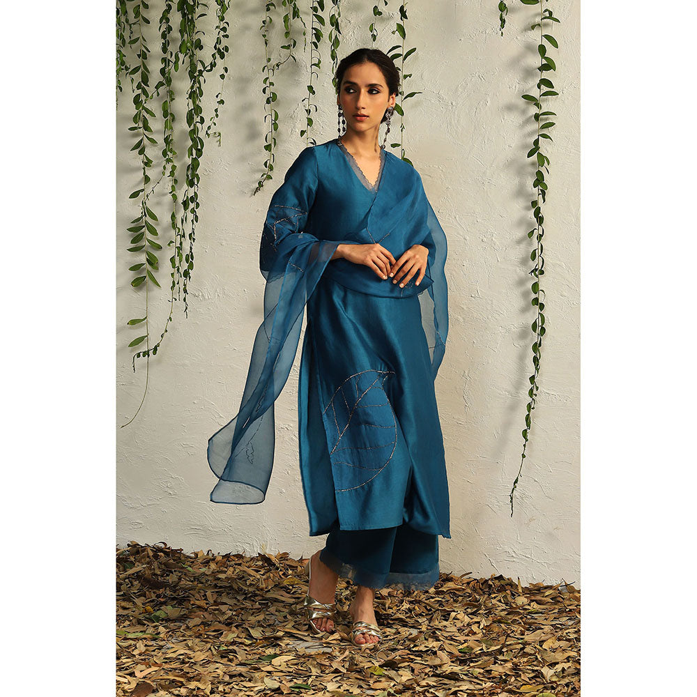 Charkhee Teal Chanderi Straight Kurta with Pants and Dupatta (Set of 3)