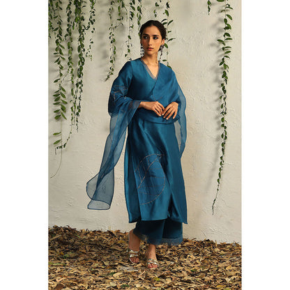 Charkhee Teal Chanderi Straight Kurta with Pants and Dupatta (Set of 3)