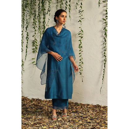 Charkhee Teal Chanderi Straight Kurta with Pants and Dupatta (Set of 3)