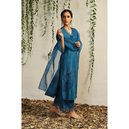 Charkhee Teal Chanderi Straight Kurta with Pants and Dupatta (Set of 3)