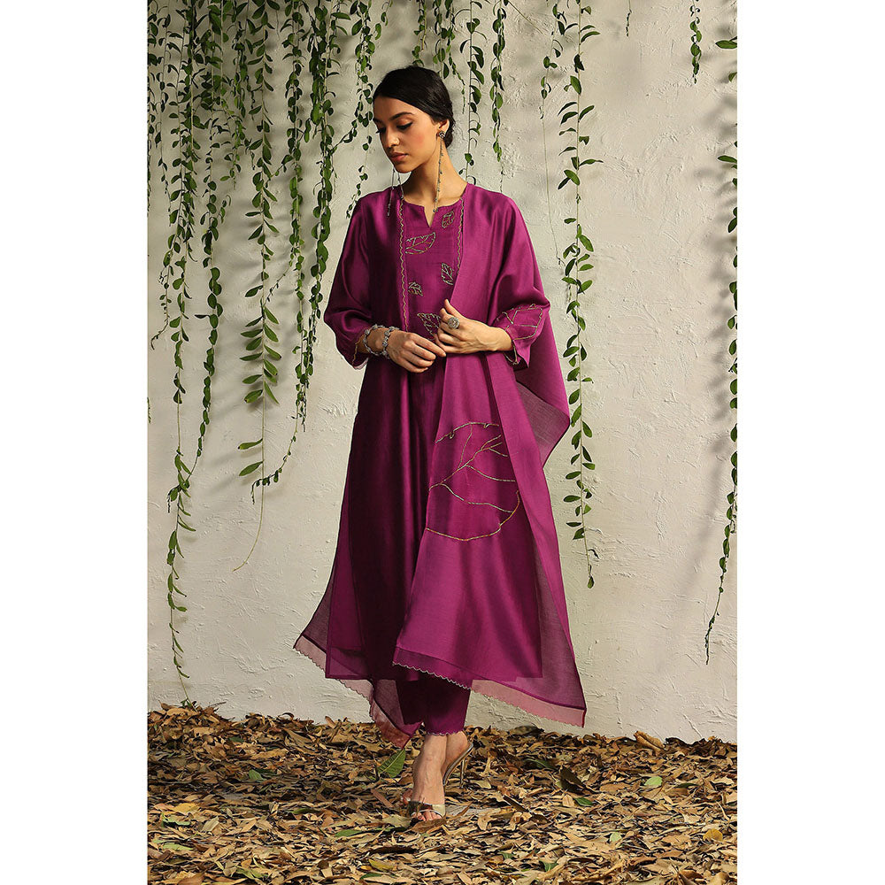 Charkhee Purple Chanderi Flowy Kurta with Pants and Dupatta (Set of 3)