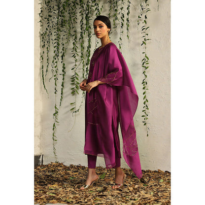Charkhee Purple Chanderi Flowy Kurta with Pants and Dupatta (Set of 3)