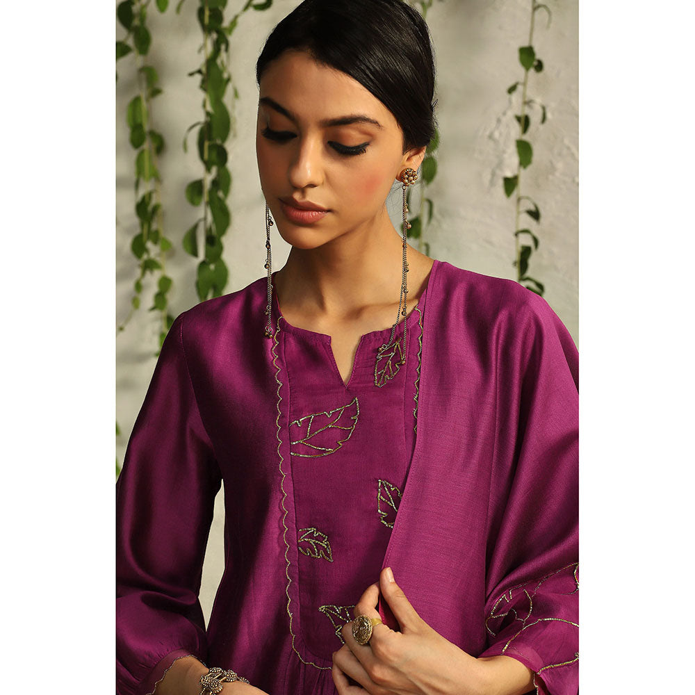 Charkhee Purple Chanderi Flowy Kurta with Pants and Dupatta (Set of 3)