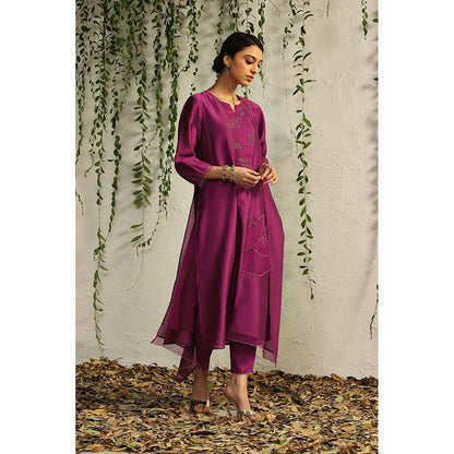 Charkhee Purple Chanderi Flowy Kurta with Pants and Dupatta (Set of 3)