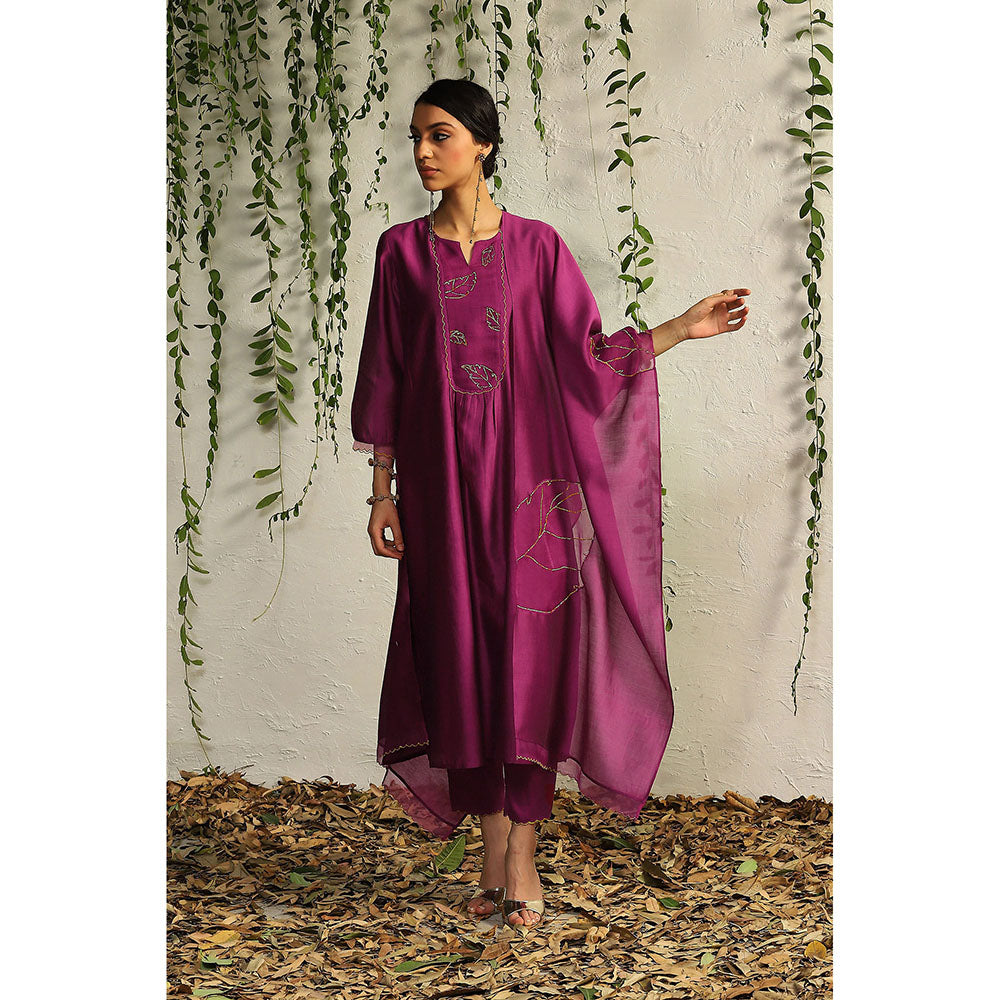 Charkhee Purple Chanderi Flowy Kurta with Pants and Dupatta (Set of 3)