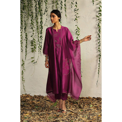 Charkhee Purple Chanderi Flowy Kurta with Pants and Dupatta (Set of 3)