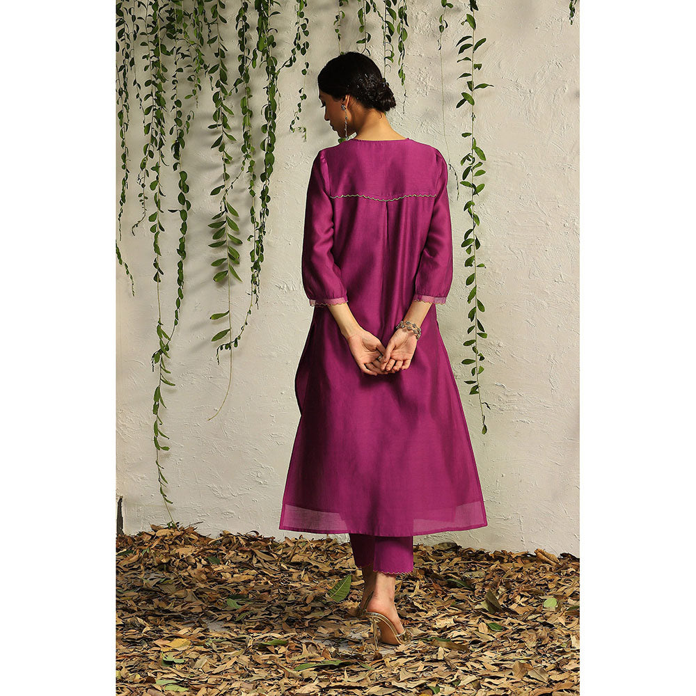 Charkhee Purple Chanderi Flowy Kurta with Pants and Dupatta (Set of 3)