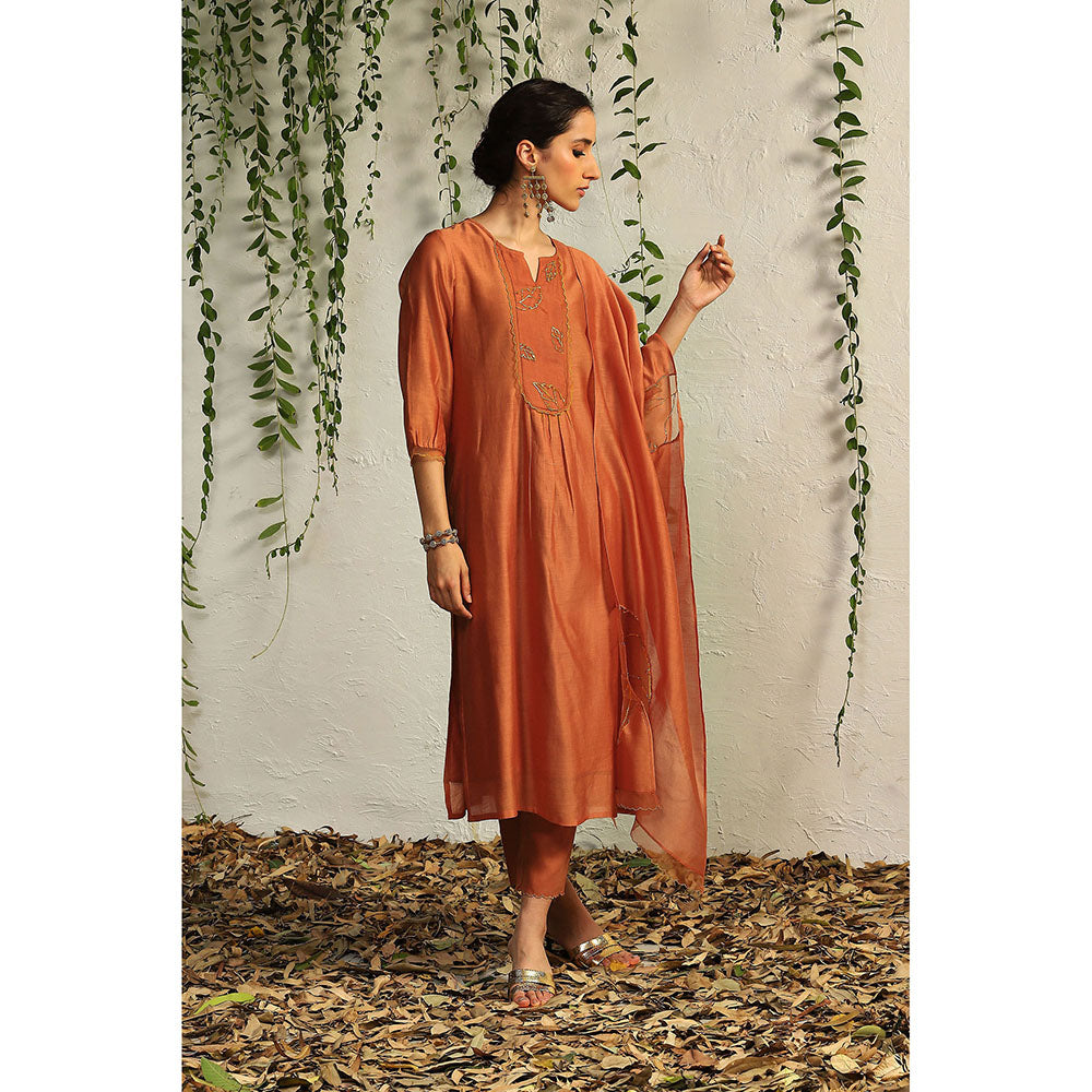 Charkhee Spice Orange Chanderi Flowy Kurta with Pants and Dupatta (Set of 3)