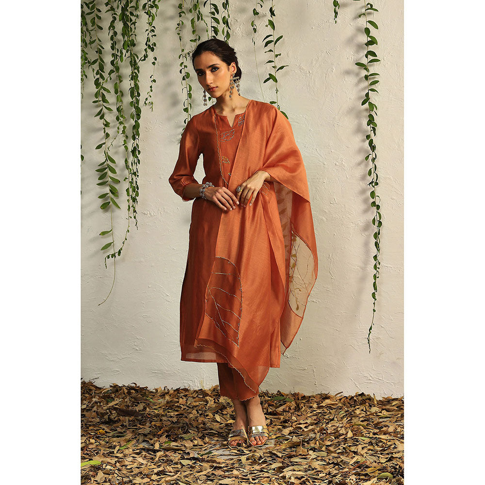Charkhee Spice Orange Chanderi Flowy Kurta with Pants and Dupatta (Set of 3)