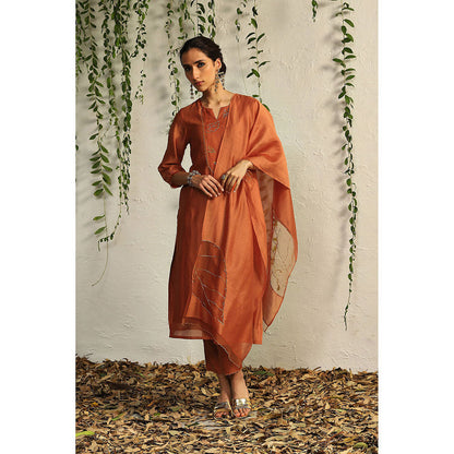 Charkhee Spice Orange Chanderi Flowy Kurta with Pants and Dupatta (Set of 3)