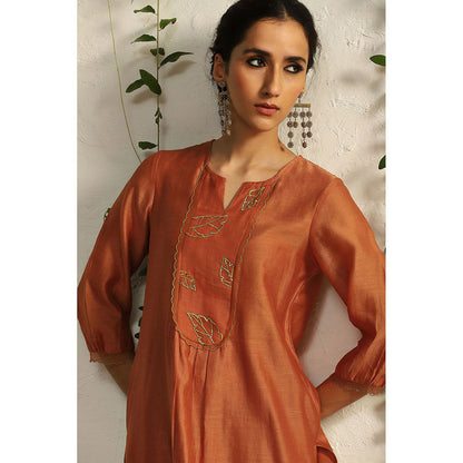 Charkhee Spice Orange Chanderi Flowy Kurta with Pants and Dupatta (Set of 3)