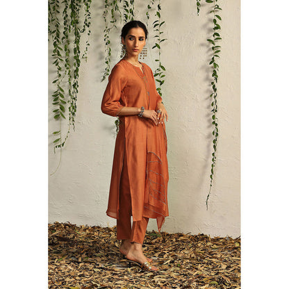 Charkhee Spice Orange Chanderi Flowy Kurta with Pants and Dupatta (Set of 3)