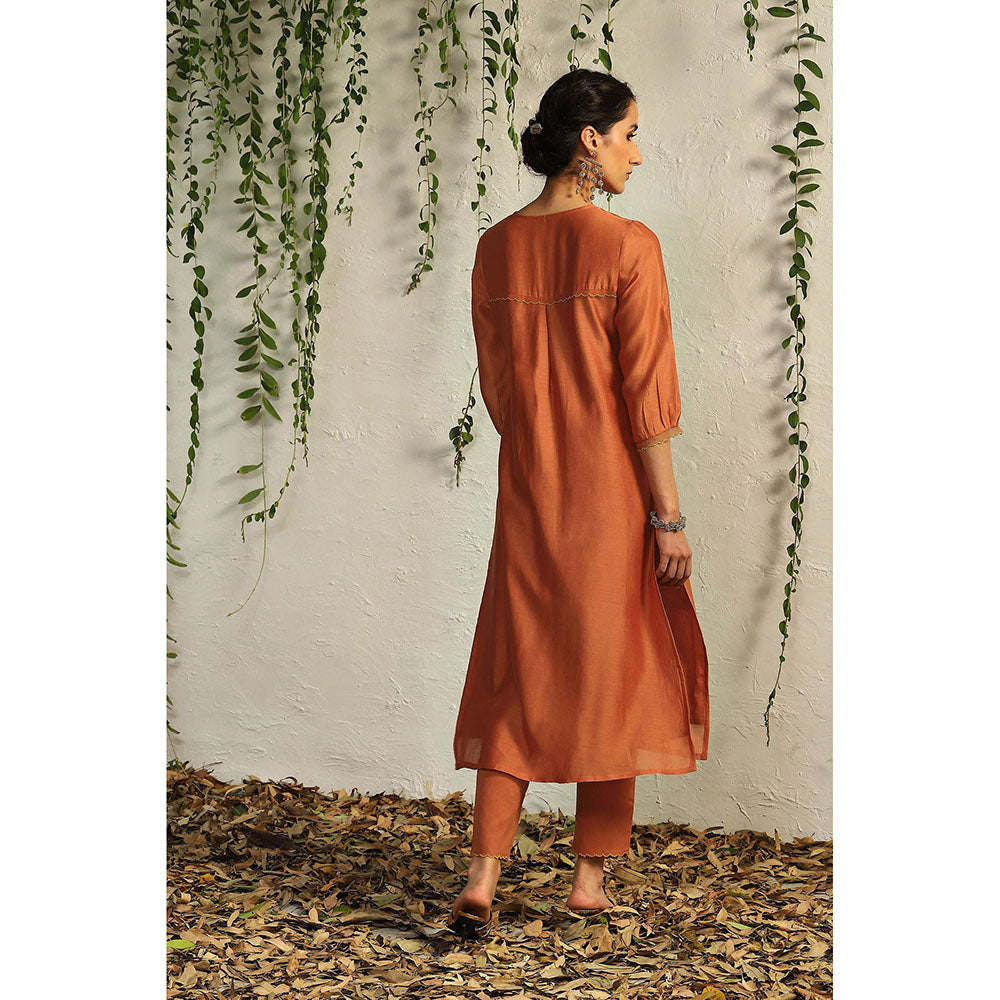 Charkhee Spice Orange Chanderi Flowy Kurta with Pants and Dupatta (Set of 3)