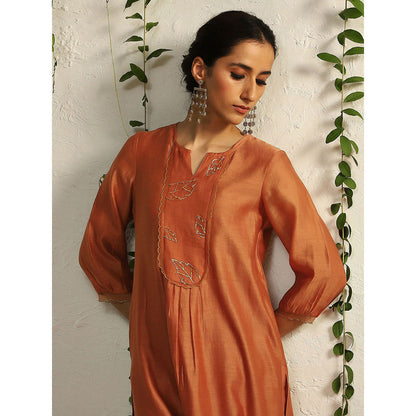 Charkhee Spice Orange Chanderi Flowy Kurta with Pants and Dupatta (Set of 3)