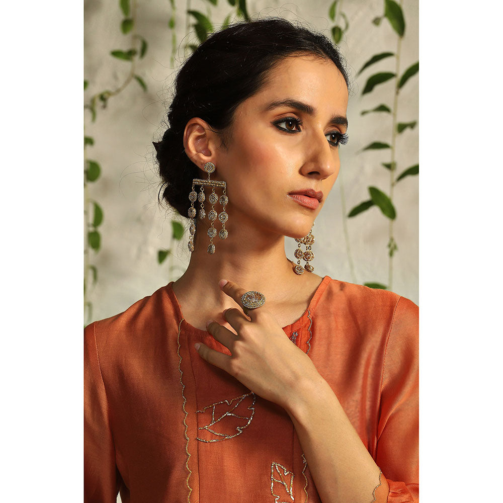 Charkhee Spice Orange Chanderi Flowy Kurta with Pants and Dupatta (Set of 3)