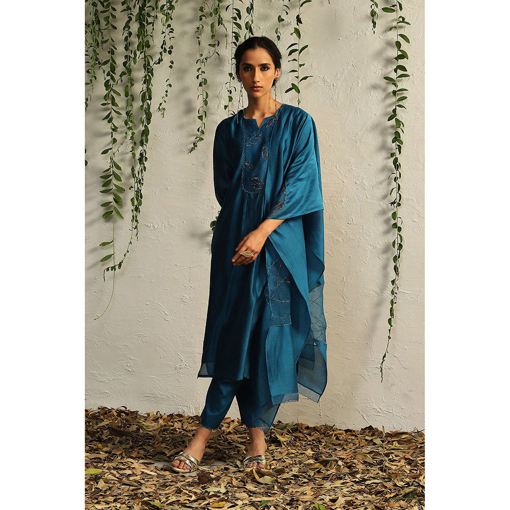 Charkhee Teal Chanderi Flowy Kurta with Pants and Dupatta (Set of 3)