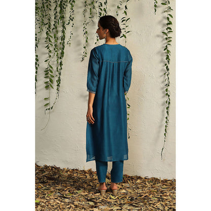 Charkhee Teal Chanderi Flowy Kurta with Pants and Dupatta (Set of 3)