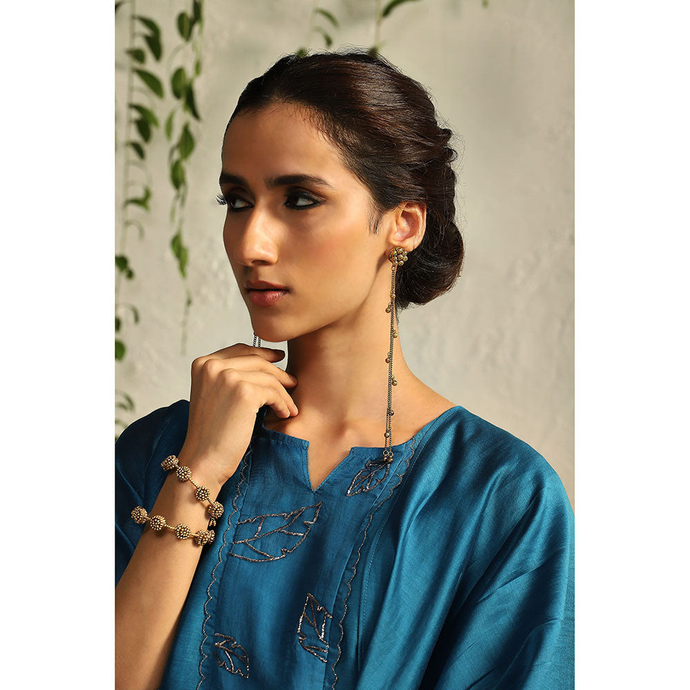 Charkhee Teal Chanderi Flowy Kurta with Pants and Dupatta (Set of 3)