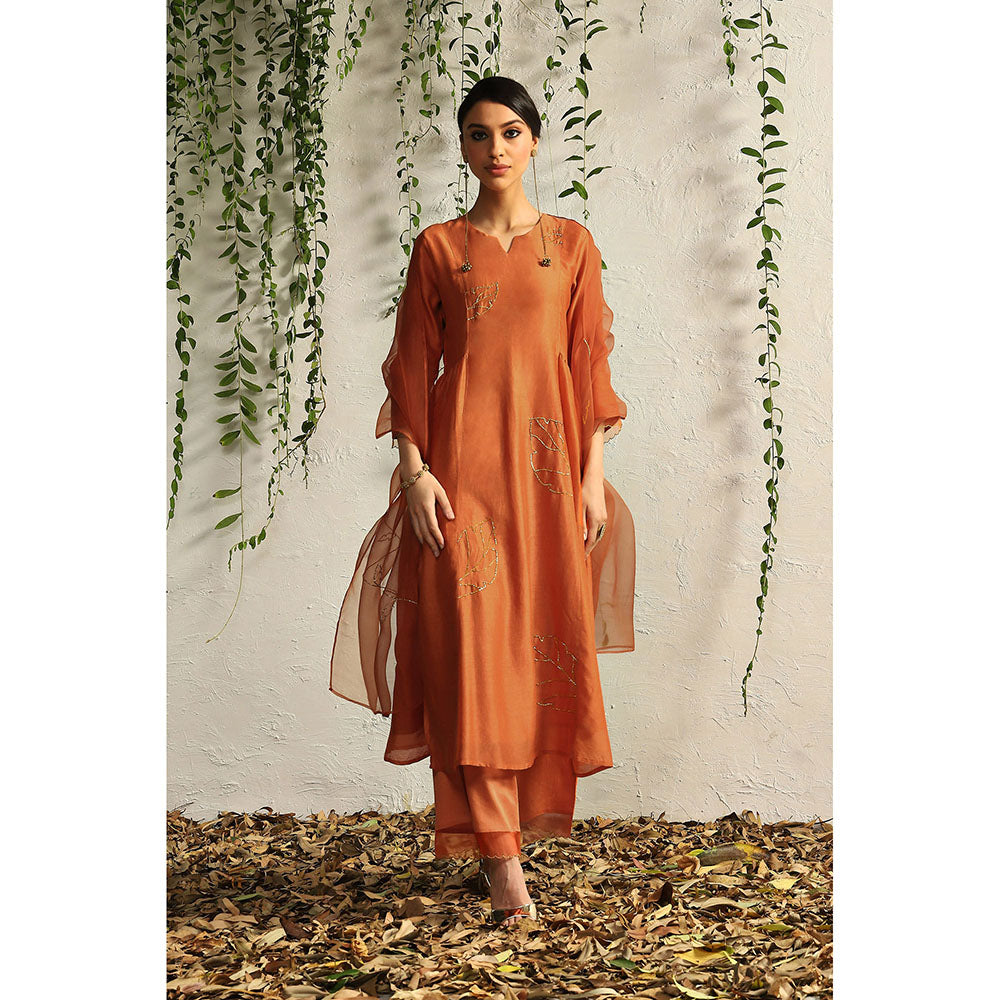 Charkhee Spice Orange Side Gathered Kurta with Pants and Dupatta (Set of 3)