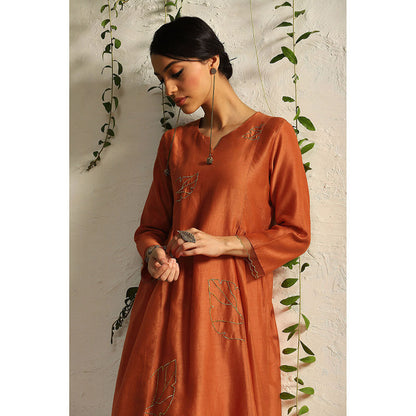 Charkhee Spice Orange Side Gathered Kurta with Pants and Dupatta (Set of 3)
