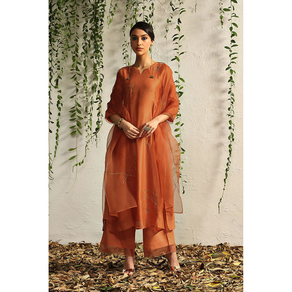 Charkhee Spice Orange Side Gathered Kurta with Pants and Dupatta (Set of 3)