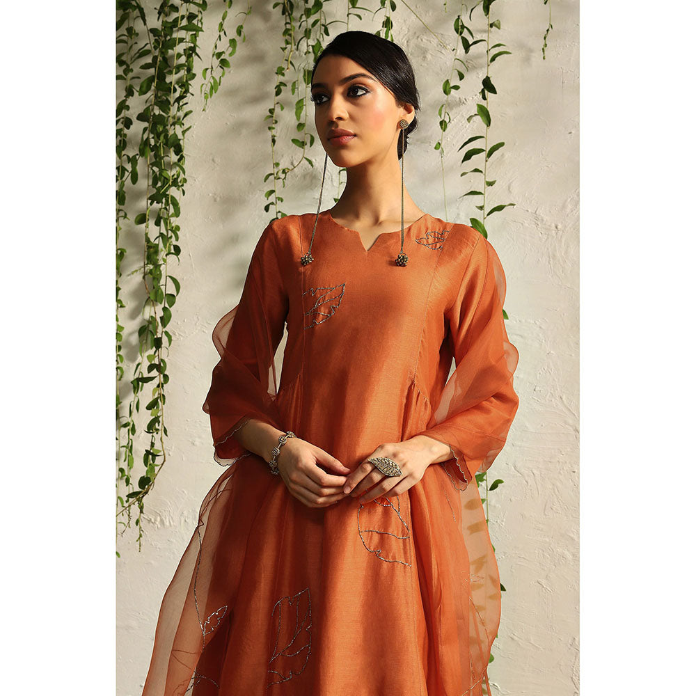 Charkhee Spice Orange Side Gathered Kurta with Pants and Dupatta (Set of 3)