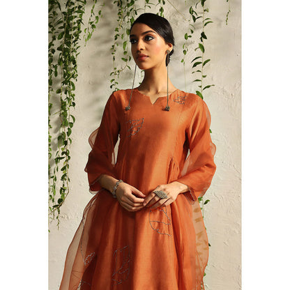 Charkhee Spice Orange Side Gathered Kurta with Pants and Dupatta (Set of 3)