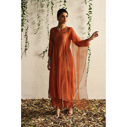 Charkhee Spice Orange Side Gathered Kurta with Pants and Dupatta (Set of 3)