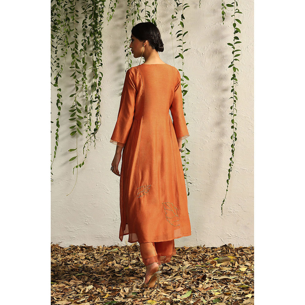 Charkhee Spice Orange Side Gathered Kurta with Pants and Dupatta (Set of 3)