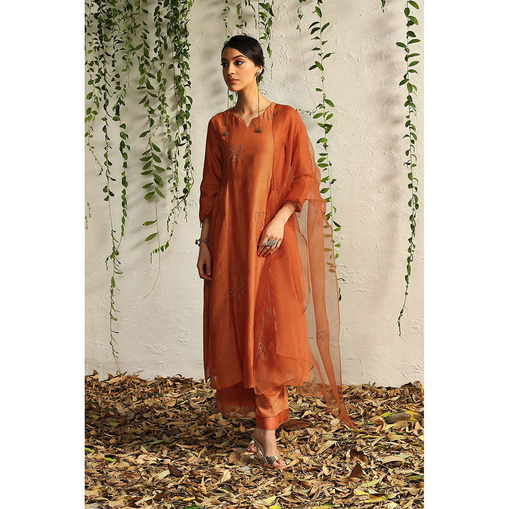 Charkhee Spice Orange Side Gathered Kurta with Pants and Dupatta (Set of 3)