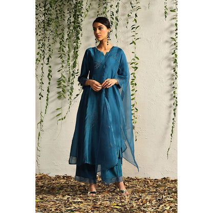 Charkhee Teal Side Gathered Kurta with Pants and Dupatta (Set of 3)