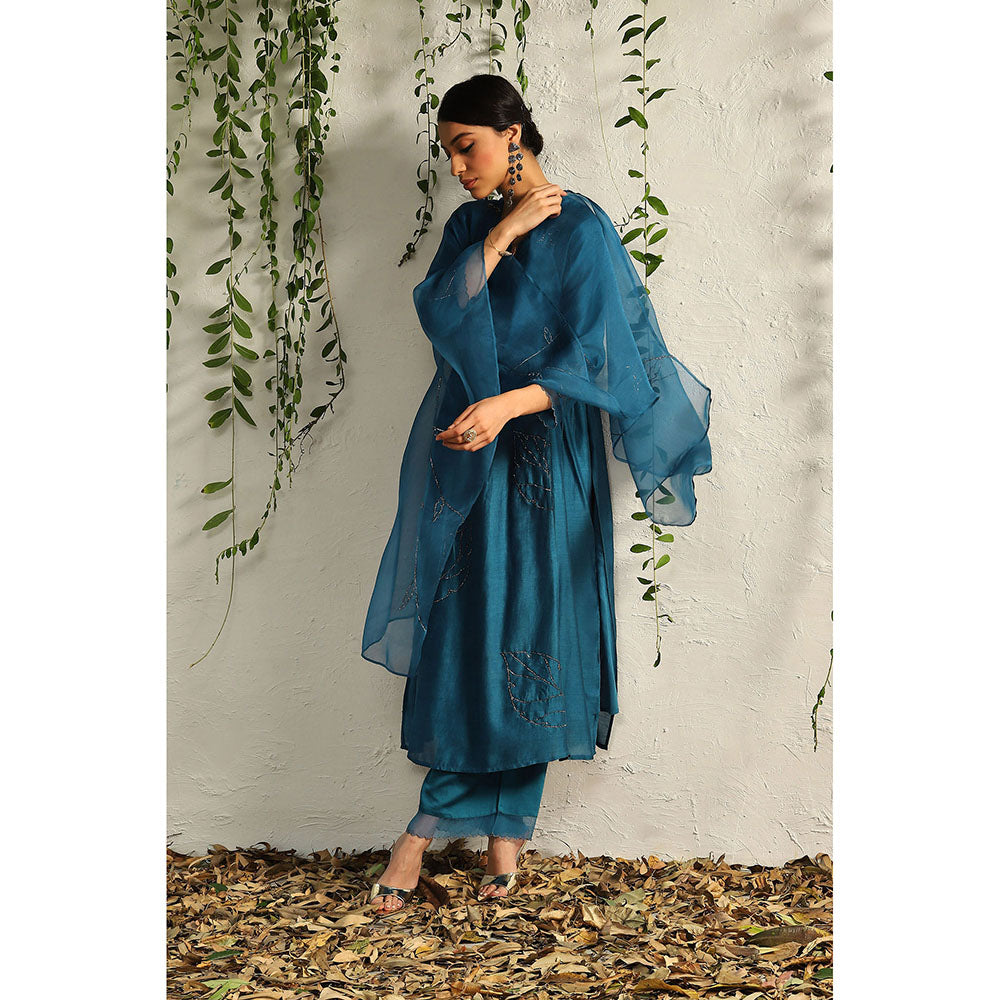 Charkhee Teal Side Gathered Kurta with Pants and Dupatta (Set of 3)