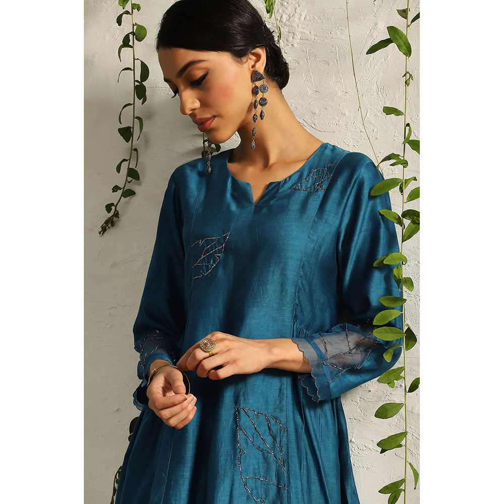 Charkhee Teal Side Gathered Kurta with Pants and Dupatta (Set of 3)