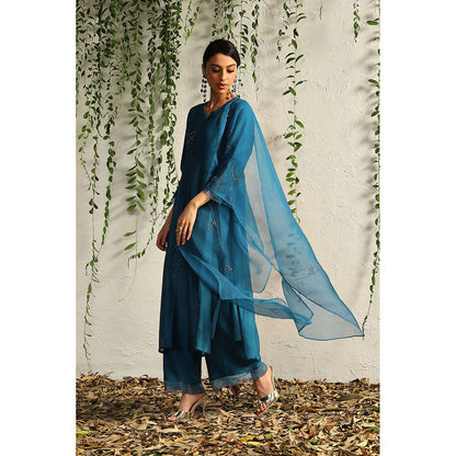 Charkhee Teal Side Gathered Kurta with Pants and Dupatta (Set of 3)