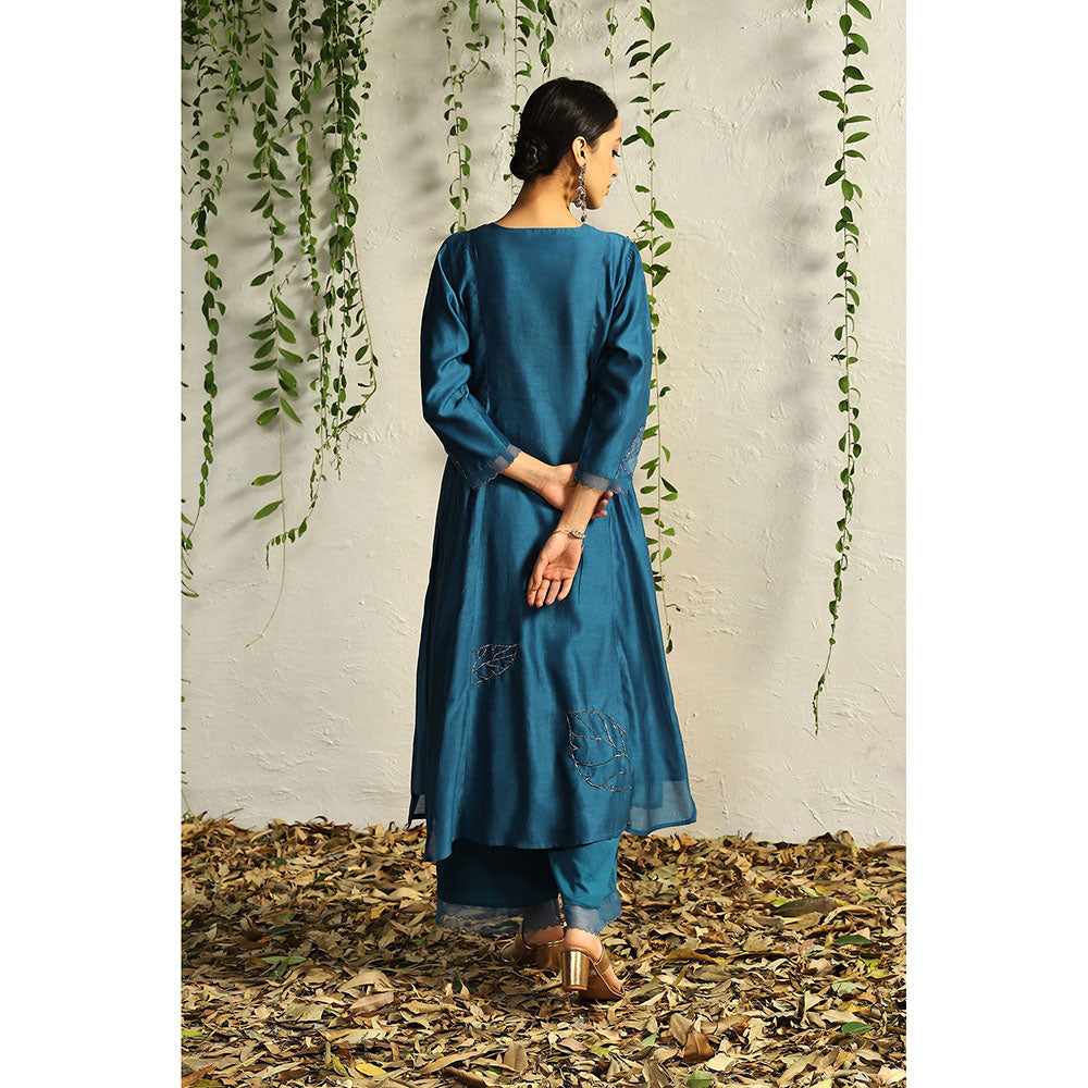 Charkhee Teal Side Gathered Kurta with Pants and Dupatta (Set of 3)