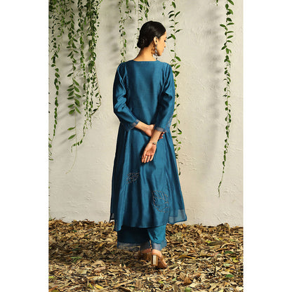 Charkhee Teal Side Gathered Kurta with Pants and Dupatta (Set of 3)