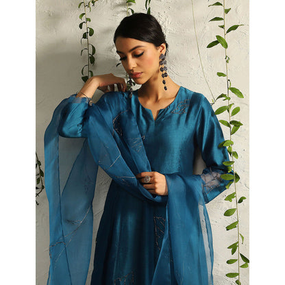 Charkhee Teal Side Gathered Kurta with Pants and Dupatta (Set of 3)